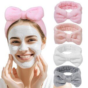 4-Pack Flannel Headbands with Cute Bows, Elastic for Skincare, Makeup, Face Wash